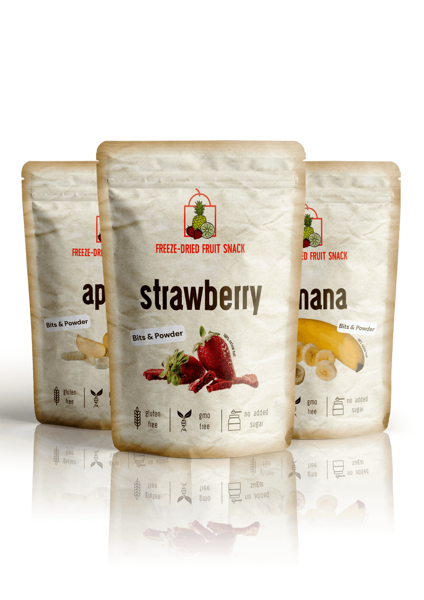 Gefriergetrocknete Fruchtstücke und Fruchtpulver im Beutel